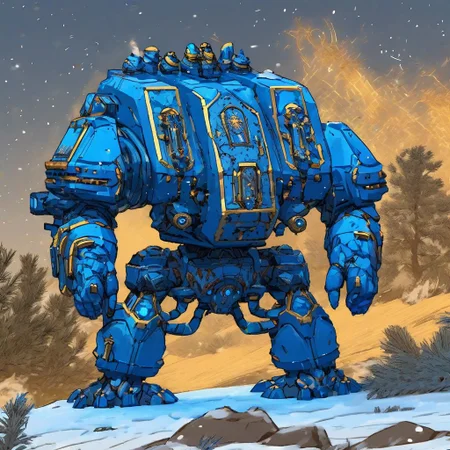 a four meter tall blue with gold trim non-binary themed drdnght machine with heavy gun and rocket pod walks through icy tundra searching for enemies who hide behind frozen trees and boulders waiting in ambush, fire and flames spit from its flamethrower,