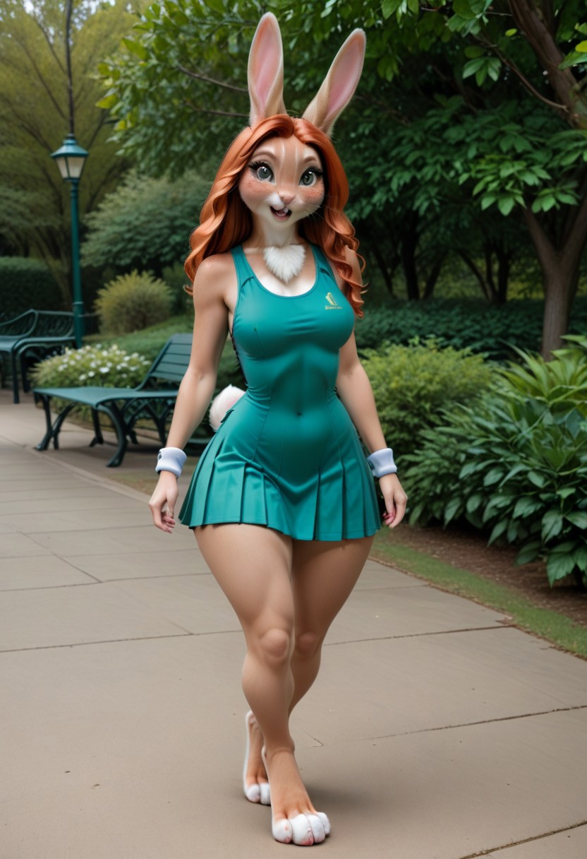 A 35mm photo of a petite beautiful 40 year old redhead, she is an anthropomorphic  rabbit,  rabbit nose,  rabbit teeth,  rabbit face, green rabbit eyes, freckles,  rabbit fur all over her body, walking in a park, she is surrounded by pretty wildflowers,  rabbit tail, petite round hips, soft flat tummy, soft curvy petite thighs,  petite c-cup breasts, wearing a black tennis dress, she is a  rabbit,  rabbit tail, small pawlike hands, digitigrade  rabbit feet, no shoes, brown rabbit fur, tennis dress