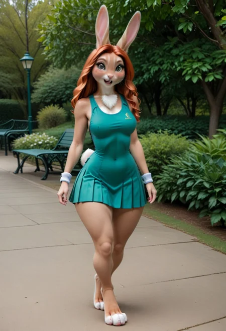 A 35mm photo of a petite beautiful 40 year old redhead, she is an anthropomorphic rabbit, rabbit nose, rabbit teeth, rabbit face, green rabbit eyes, freckles, rabbit fur all over her body, walking in a park, she is surrounded by pretty wildflowers, rabbit tail, petite round hips, soft flat tummy, soft curvy petite thighs, petite c-cup breasts, wearing a black tennis dress, she is a rabbit, rabbit tail, small pawlike hands, digitigrade rabbit feet, no shoes, brown rabbit fur, tennis dress