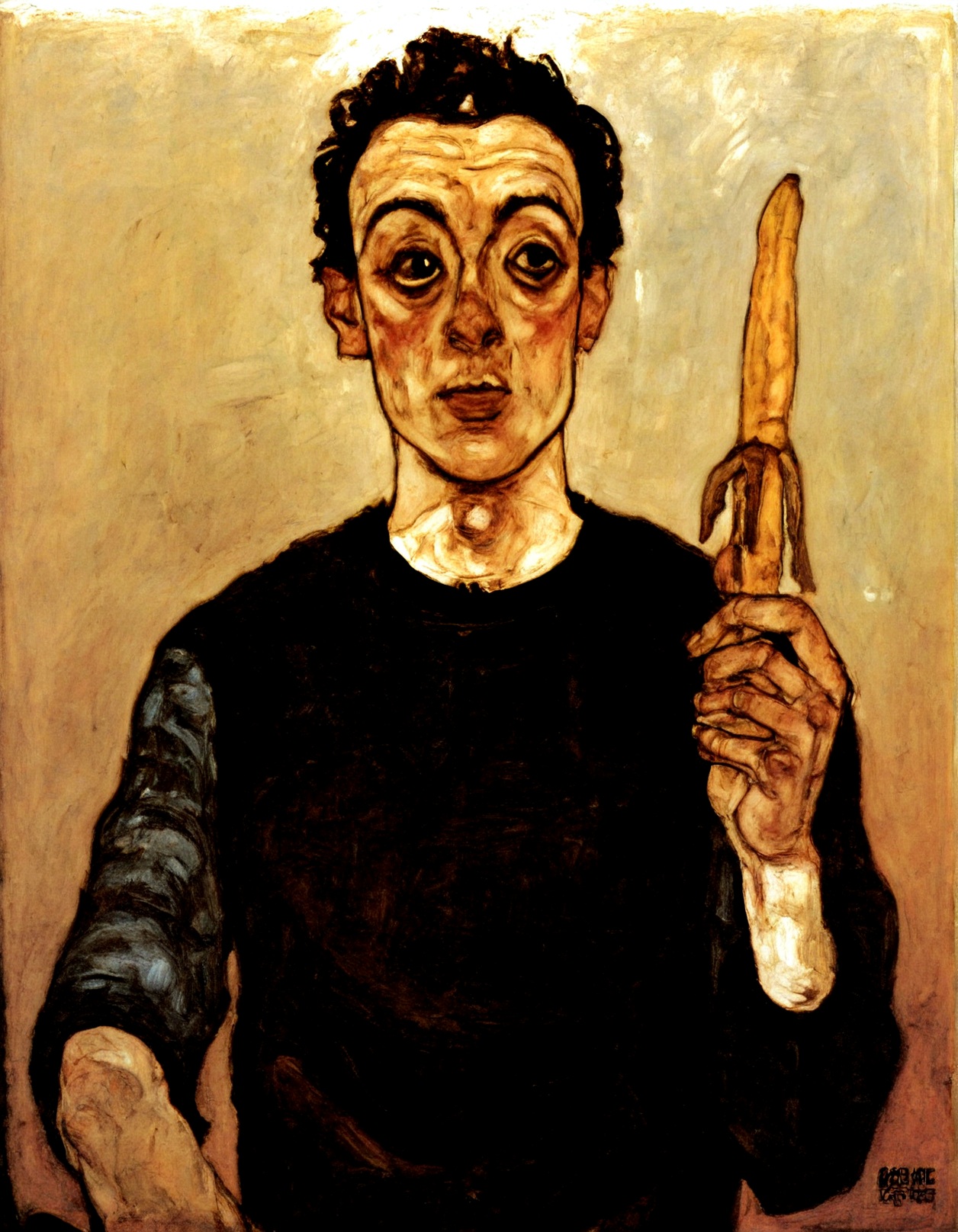 solo, looking at viewer, open mouth, shirt, black hair, long sleeves, 1boy, upper body, male focus, teeth,  signature, black eyes, black shirt, traditional media, fine art parody, holding a banana
