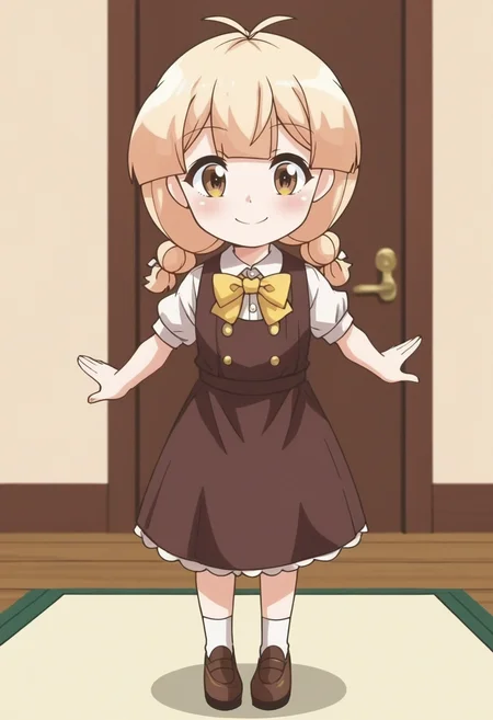 source_anime,anime screencap, anime coloring,intricate details,rating_safe, masterpiece, best quality,
(best quality, absurd res, ultra detailed),,(4 finger:0.5),1girl, ((solo)), good eyes,perfect eyes,,detailed eyes, zPDXLxxx , zPDXL3,detailed, detailed face
BREAK
solo,indoors,standing,front view,full body,
hawa, brown eyes, blonde hair, twin braids, antenna hair,brown dress, yellow bowtie,,
smile,happy,closed mouth,
, <lora:add-detail-xl:2>  <lora:hawa:0.8>