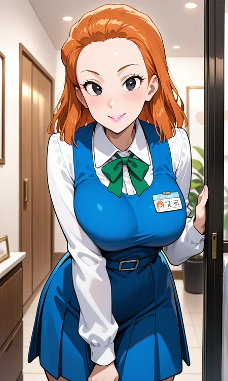 (masterpiece, best quality, ultra-detailed, very aesthetic), questionable, newest, 1girl, looking at viewer, (cowboy shot:1.3),indoor, smile, department store, <lora:koshitani-junko:0.9> (koshitani-junko), (black eyes, orange hair, medium hair, hair slicked back, forehead, pink lips), (blue dress, pinafore dress, white collared shirt, long sleeves, green bowtie, name tag), (large breasts), pleated dress,