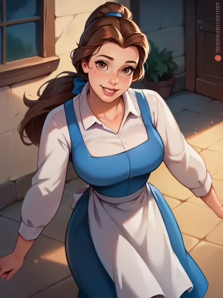 score_9, score_8_up, score_7_up, score_6_up, BelleXLP, 1girl, blue dress, white shirt, white long sleeves, long hair, ponytail, bow, white apron, curvy, huge breasts, narrow waist, wide hips, thick thighs, looking at viewer, dynamic angle, cowboy shot, cartoon, dynamic pose, smile, cute, wide shot, realistic, from above, sexy, village,
<lora:BelleXLP_Character:1>