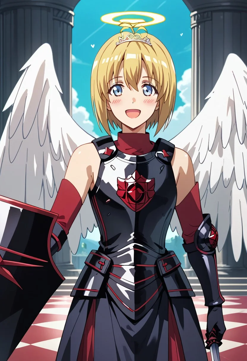 score_9,score_8_up,score_7_up,source_anime,Kaede Honjou (Loving Sacrifice),1girl,solo,looking at viewer,blush,smile,open mouth,gloves,holding,weapon,heart,:d,wings,elbow gloves,sword,holding weapon,armor,tiara,angel wings,shield,angel,pillar,column,