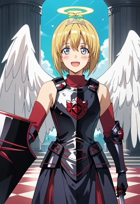 score_9,score_8_up,score_7_up,source_anime,Kaede Honjou (Loving Sacrifice),1girl,solo,looking at viewer,blush,smile,open mouth,gloves,holding,weapon,heart,:d,wings,elbow gloves,sword,holding weapon,armor,tiara,angel wings,shield,angel,pillar,column,