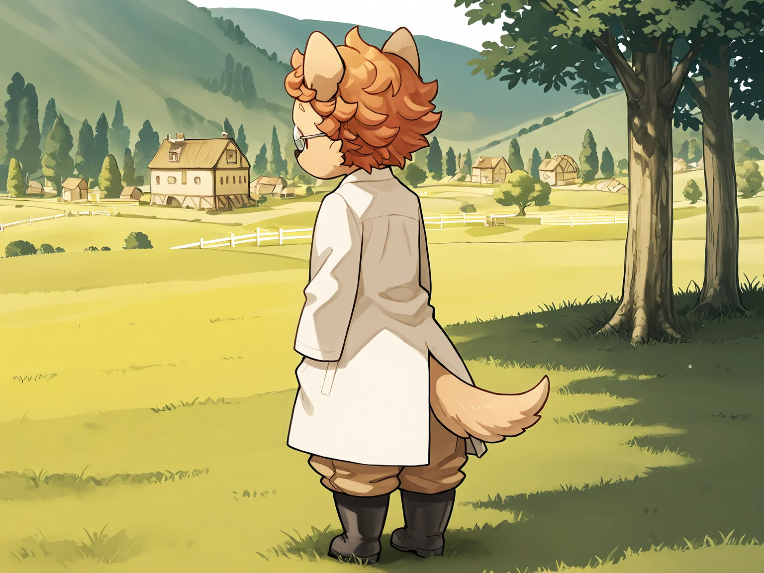 BREAK, <lora:Socks_Million_Illustrious_V1:1>, Socks Million, Fuga: Melodies of Steel, kemono, furry male, young male, 1boy, dog boy, cream fur, orange eyes, orange hair, black nose, animal ears, dog ears, pointy ears, dog tail,
BREAK, Fuga 2 Outift, black boots, khaki pants, green button-up, labcoat, glasses,
BREAK, solo, full body, outside, rear view, meadow, grass, trees, village, standing