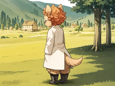 BREAK, <lora:Socks_Million_Illustrious_V1:1>, Socks Million, Fuga: Melodies of Steel, kemono, furry male, young male, 1boy, dog boy, cream fur, orange eyes, orange hair, black nose, animal ears, dog ears, pointy ears, dog tail,
BREAK, Fuga 2 Outift, black boots, khaki pants, green button-up, labcoat, glasses,
BREAK, solo, full body, outside, rear view, meadow, grass, trees, village, standing