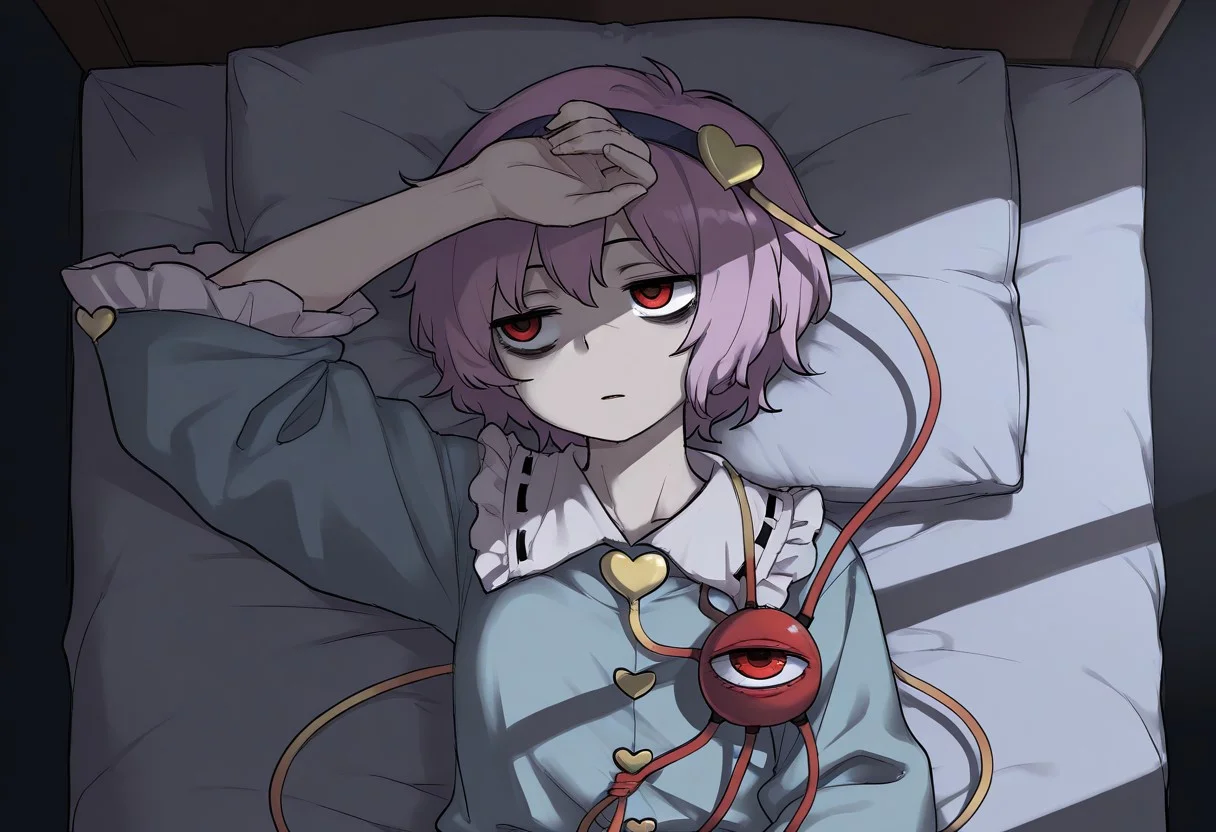 best quality, hires, (from above:1.5), straight-on, upper body,
looking to the side,
1girl, solo, komeiji satori,
bags under eyes, on bed, lying, on back,
arm on own head,
pillow,
crack of light, dark room,