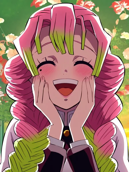 score_9, score_8_up, score_7_up, volumetric lighting, mitsuri kanroji, a cartoon girl with pink hair and green hair, 1girl, solo, long hair, blush, smile, open mouth, closed eyes, braid, multicolored hair, mole under eye, gradient hair, parody, >_<, hands on own face, hands on own cheeks, demon slayer uniform, kanroji mitsuri, <lora:kimetsu_pony_v1-1_mx:0.8>