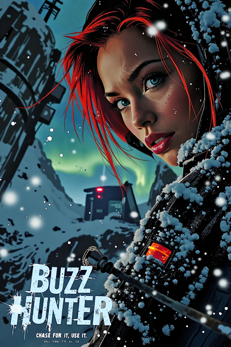 A **spy-thriller action movie poster**, featuring **a frostbitten close-up portrait of Rayne from BloodRayne**, snowflakes clinging to her eyelashes as she grips an ice-coated arm blade. Behind her, a high-tech arctic fortress looms under the aurora borealis. Her breath is visible in the frigid air, her expression unreadable. The **movie title "BUZZ HUNTER"** is displayed in cracked ice typography, with the tagline: **"Chase for it. Use it. Thx all."** **Art style:** spy-thriller, cinematic portrait, Arctic espionage aesthetic.