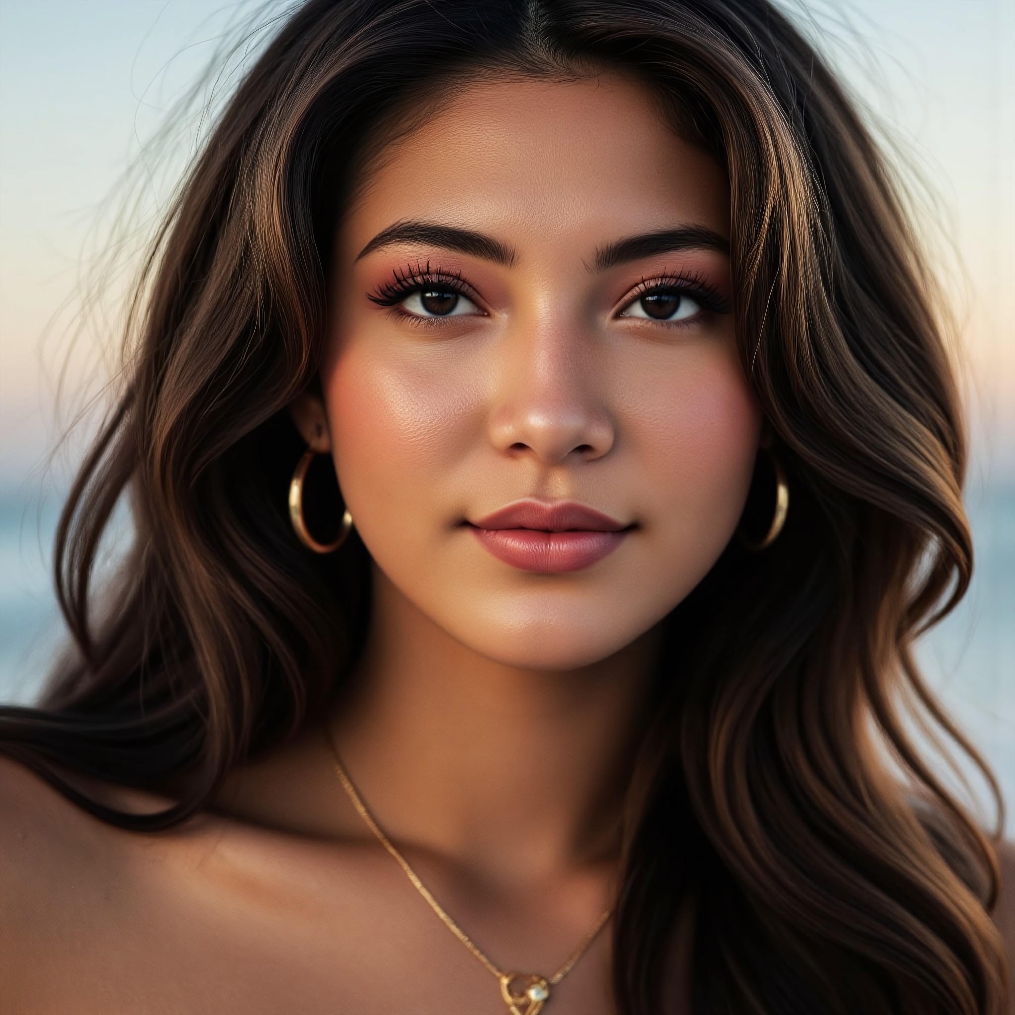 Brazilian woman, 26 years old, vintage-glam style, golden tan skin, defined facial structure, elegant presence, highly detailed, photorealistic, professional photography, soft lighting, 4K. Oval face, high cheekbones, softly defined jawline, slightly pointed chin, balanced forehead, almond-shaped deep brown eyes, full well-shaped lips, straight nose with a slight upturn, expressive brows, warm subtle smile. Dark brown wavy hair, styled in soft vintage waves, wears large gold hoop earrings, makeup-overdone yet refined, glossy lips, warm bronzed blush, long curled lashes, elegant golden necklace, classic glam appeal. Cinematic depth, soft blurred background, warm golden lighting, subtle lens flare, shallow depth of field, close-up portrait, realistic skin texture, magazine-quality finish, professional lens focus, balanced framing. OpalSkyAI