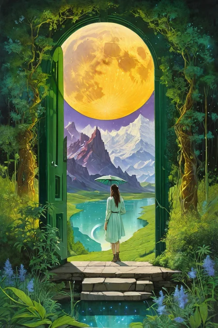 Landscape,Landscape creator,Door to other world,portal \(object\) to other world, Mountains draped in velvet auroras peak sanctuaries floating above gravity wells, a permanent solar eclipse with neon-limned corona, Hedges of marijuana plants generating localized time dilation, eternal monsoon with rains rewriting topography, swarm of fireflies weaving tapestries, Art painting by Tran Nguyen and Moebius , ,,
<lora:extremely_detailed:0.7> extremely detailed ,
<lora:add-detail-xl:0.7>,
<lora:softdigital2x2:0.15>,
<lora:EpicF4nta5yXL:0.3>,, Magic realism painting art style, surreal compositions, vibrant colors, blurs the line between reality and fantasy