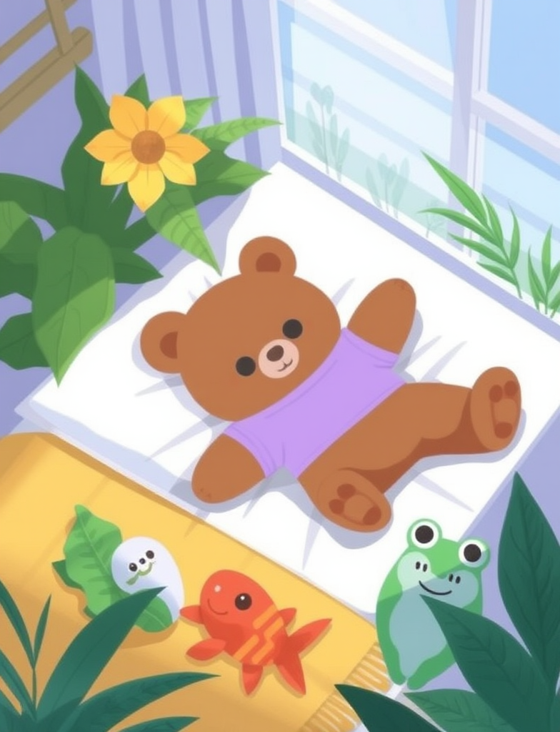 In this whimsical digital anime-style drawing, a brown bear teddy bear is lying on a soft, white pillow wearing a cozy lavender shirt. Nearby, green plants brighten the scene. A smiling goldfish toy is on a yellow blanket, and a frog plush is resting on a leaf-shaped pillow.

high quality, best aethestic, best composition