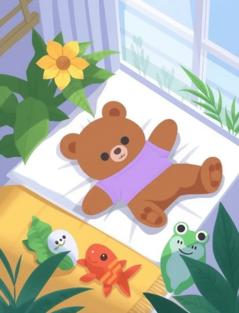 In this whimsical digital anime-style drawing, a brown bear teddy bear is lying on a soft, white pillow wearing a cozy lavender shirt. Nearby, green plants brighten the scene. A smiling goldfish toy is on a yellow blanket, and a frog plush is resting on a leaf-shaped pillow.
high quality, best aethestic, best composition