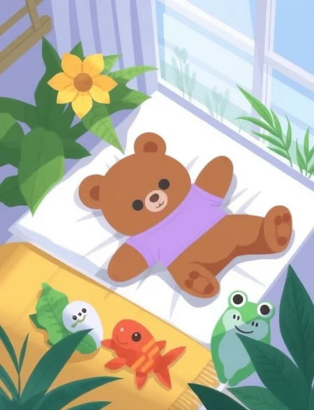 In this whimsical digital anime-style drawing, a brown bear teddy bear is lying on a soft, white pillow wearing a cozy lavender shirt. Nearby, green plants brighten the scene. A smiling goldfish toy is on a yellow blanket, and a frog plush is resting on a leaf-shaped pillow.
high quality, best aethestic, best composition