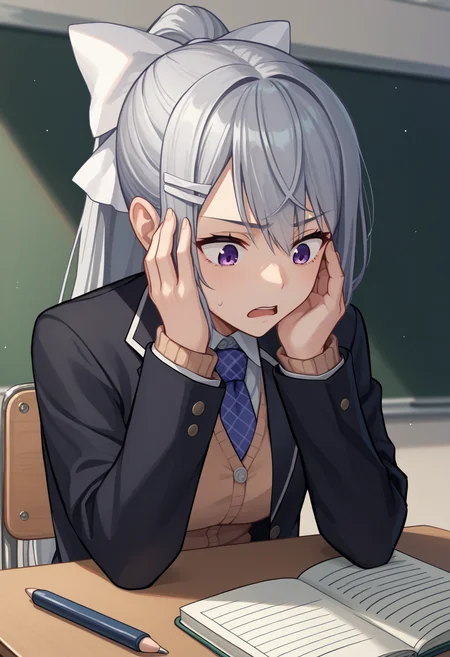 score_9, score_8_up, score_7_up, score_6_up, score_5_up, score_4_up, BREAK source_anime, kaede, ponytail, hair bow, very long hair, hair ornament, shirt, necktie, blazer, cardigan, classroom, confused, sitting, desk, facing viewer, looking down, notebook, hands on own face, open mouth<lora:HiguchiKaedeXL-16:0.9>