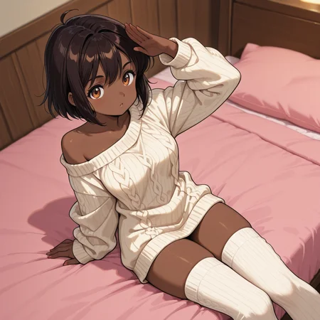 1girl, dark skin, dark-skinned female,
Oversized Sweater & Thigh-Highs â Cozy knit sweater falling off one shoulder. (Pose: sitting on bed, legs tucked under; from above; Setting: warmly lit bedroom.)
<lora:DarkfireWeeb4:1>