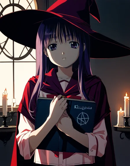 score_9, score_8_up, score_7_up, <lora:to-heart-ponyxl:0.9> 1girl, solo, kurusugawa serika, expressionless, long hair, purple hair, serafuku, red sailor collar, white shirt, cape, witch hat, purple hat, purple cape, pentagram, holding book, dim lighting, candle, indoors
