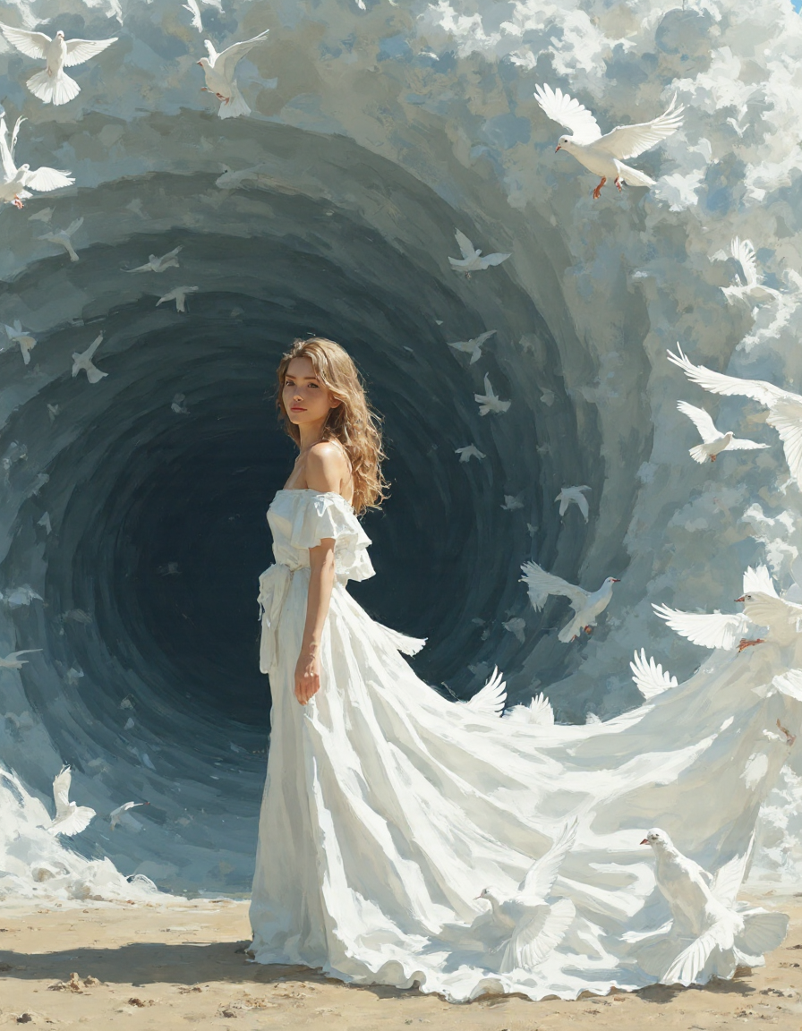 The image portrays a surreal scene of a woman standing at the center of a spiraling storm of white doves, her elegant gown seamlessly morphing into the birds in flight. The composition merges serenity with motion, as the birds form a hypnotic vortex into a dark tunnel behind her. Rendered in soft whites, muted grays, and warm golden hues, the image evokes a dreamlike sense of transformation, peace, and otherworldly beauty. The visual flow and symbolism suggest themes of inner liberation, grace, and transcendence.