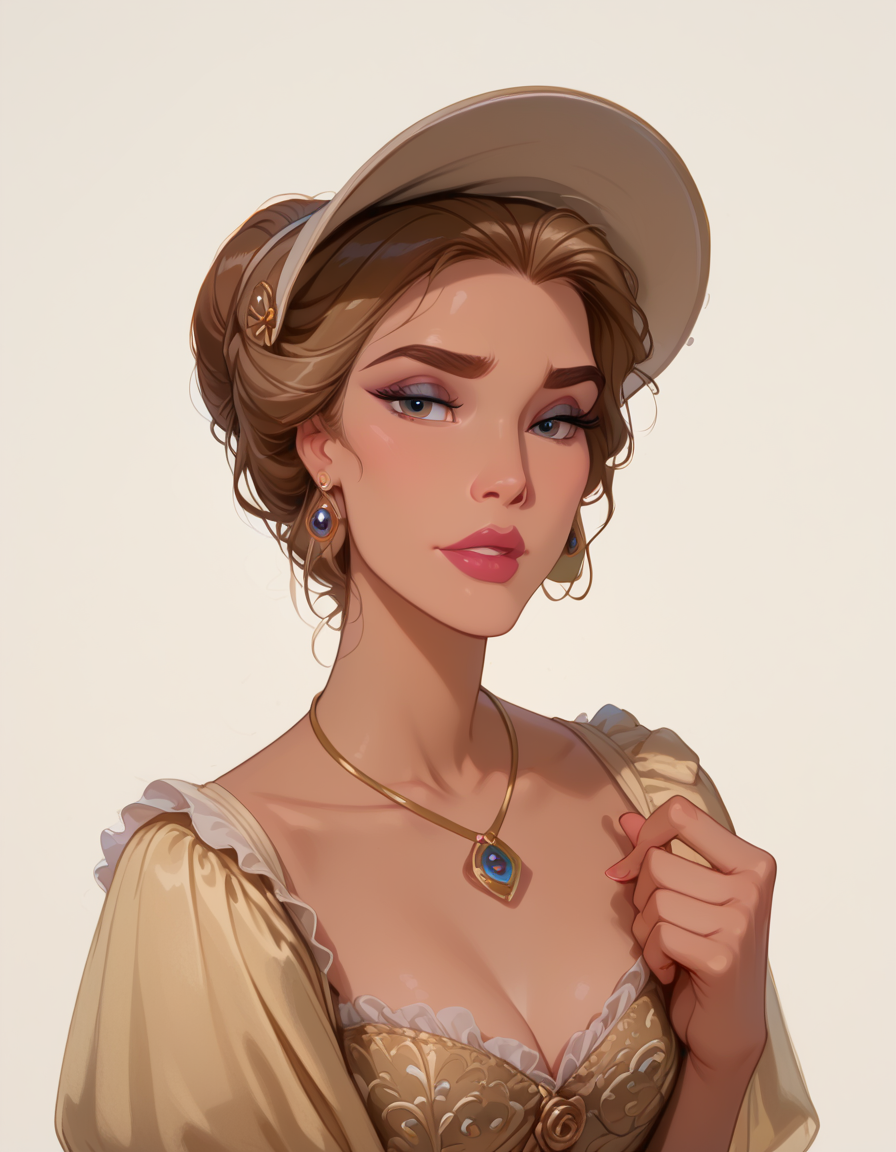 <lora:Disney_Style:.9> <lora:princess_xl_v2:.75> <lora:add-detail-xl:.9> <lora:g0th1cPXL:.3> <lora:Cherry-Gig:.45> <lora:Expressive_H:1> <lora:PLASTT_PonyV6:1> <lora:Elizabeth_Swann_ZairaSass_v1:0.8> score_9, score_8_up, score_7_up, zPDXL, DisneyRenstyle, score_9,score_8_up,score_7_up,score_6_up, 
(white background, plain background, ambient light), (standing, 3/4 view), 
1girl, solo, sexy 18 year old, british girl, (Elizabeth Swann, Port Royal), perfect face, beautiful face, defined cheekbones, defined jawline, light brown hair, big updo, large hairbun, thick dark eyebrows, dark brown eyes, dark lashes, thin lips, nude colored lips,  
confident expression, narrow eyes, one hand on hip, perfect hands, 5 fingers, slender waist, 
Victorian dress with white frills, bonnet hat, earrings, necklace,