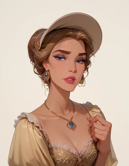 <lora:Disney_Style:.9> <lora:princess_xl_v2:.75> <lora:add-detail-xl:.9> <lora:g0th1cPXL:.3> <lora:Cherry-Gig:.45> <lora:Expressive_H:1> <lora:PLASTT_PonyV6:1> <lora:Elizabeth_Swann_ZairaSass_v1:0.8> score_9, score_8_up, score_7_up, zPDXL, DisneyRenstyle, score_9,score_8_up,score_7_up,score_6_up,
(white background, plain background, ambient light), (standing, 3/4 view),
1girl, solo, sexy 18 year old, british girl, (Elizabeth Swann, Port Royal), perfect face, beautiful face, defined cheekbones, defined jawline, light brown hair, big updo, large hairbun, thick dark eyebrows, dark brown eyes, dark lashes, thin lips, nude colored lips,
confident expression, narrow eyes, one hand on hip, perfect hands, 5 fingers, slender waist,
Victorian dress with white frills, bonnet hat, earrings, necklace,
