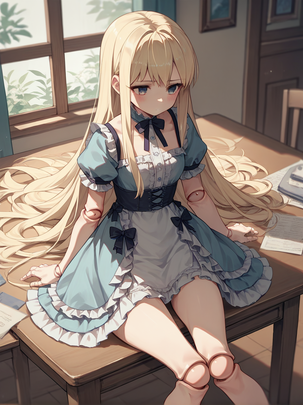 score_9, score_8_up, score_7_up, score_6_up, source_anime, <lora:doll_joints_v0.1-pony:1.0>
1girl, blonde hair, long hair, solo,
doll joints,
frilled dress, pose,indoors, thighs, on table,