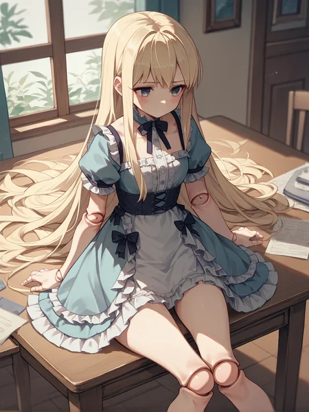 score_9, score_8_up, score_7_up, score_6_up, source_anime, <lora:doll_joints_v0.1-pony:1.0>
1girl, blonde hair, long hair, solo,
doll joints,
frilled dress, pose,indoors, thighs, on table,