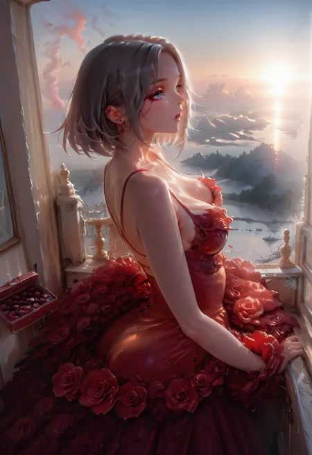 masterpiece, best quality, amazing quality, very aesthetic, absurdres, newest, (scenery, volumetric lighting),depth of field, 1girl,(solo:1.3),sfw,((side view:1.1),(from the side:1.1),(from above:1.2),Cowboy Shot) , eyeliner,zoya \(path to nowhere\), path to nowhere, 1girl, ear piercing, blue eyes, hair over one eye, medium hair, grey hair, short hair,, 1girl,  "/:o", rose dress, red dress,, flower, roses, hearts, cherry blossom petals,box of chocolates,medium breasts, medium and teardrop shaped breasts,(covered breasts:1.3),curvy,skindentation,bear_position, romantic, in love, rose garden fantastic strong light wind light coming in, (royal garden rose) many rose, British Garden Rose Arch,sunrise, smoke,solo focus, unsr,,(shiny skin:0.7),(sakimichan:0.8,wlop:0.5),masterpiece, best quality, amazing quality, very aesthetic, absurdres, newest, (scenery, volumetric lighting),depth of field,gobo lighting,yotsushi \(sogatya\),  <lora:memento mori:0.6> <lora:MoriiMee_Gothic_Niji_Style_Illustrious_r1:0.8> artist:moriimee <lora:ral-vltne:1> ral-vltne <lora:TQ_-_Rustic_Wooden_Valentines_Day_Backdrops:1>  <lora:GOBOLightingILL:1> gobo lighting, shadows <lora:rosedressILL:1>