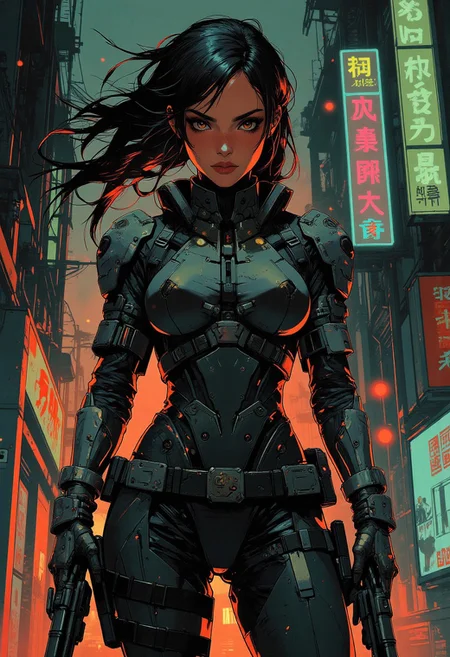 magnificent, closeup portrait, female bounty hunter, braided black hair, two tone hair, highlights in hair, futuristic armor, sci-fi, sleek armored bodysuit, shoulder plates, hip plates, sexy, curvy, large breasts, large ass, rifle, aiming rifle, pointing rifle, Cyberpunk City, Neon Lights, foreshortening,
looking at viewer, solo, smirk, cocky smirk, godrays, raytracing, 
Cowboy Shot, close up, from above,