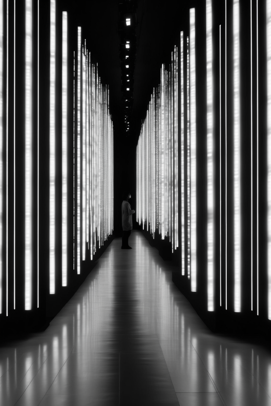 <lora:Ryoji Ikeda Style:1>Ryoji Ikeda Style - A photo taken with a mobile phone, in a light installation inspired by ryoji ikeda, with black and white lights in a rather long corridor, a slightly out of focus photograph.