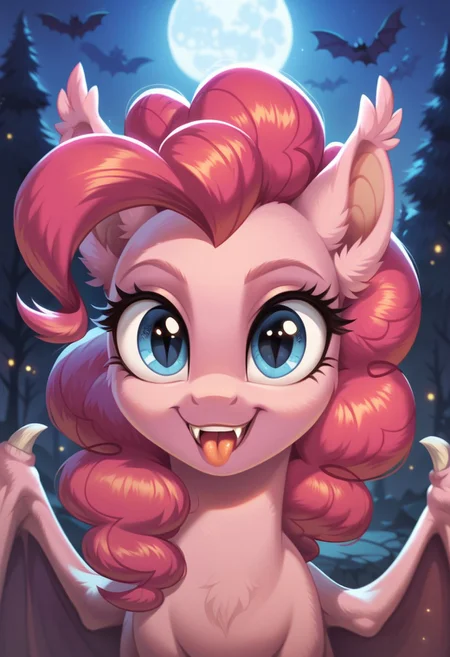 score_9, score_8_up, score_7_up, score_6_up, score_5_up, score_4_up, my little pony, solo, pony, feral pony, bat pony, pinkie pie, bat wings, fangs, moon, forest, night, look at you, happy, tongue, city background, castlevania, 1girl, beautiful, detailed, (detailed cute pony face), detailed eyes, detailed fur, beautiful, vector, flat colors, (beautiful long eyelashes), ((close-up)), high angle