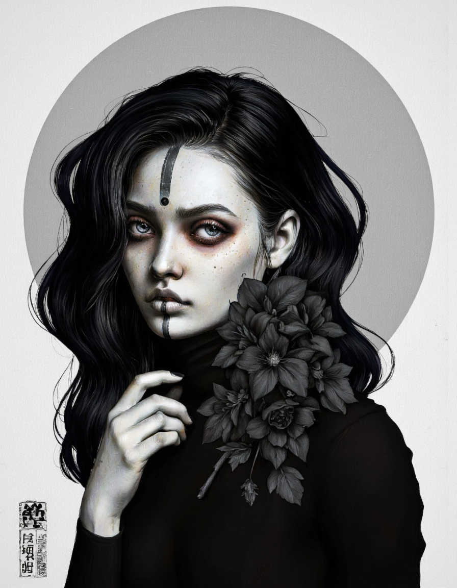 By Laura H. Rubin. A highly detailed, monochromatic digital illustration of a young woman with an ethereal, almost gothic aesthetic. The artwork is rendered in a hyper-realistic style, with a focus on texture and depth. The subject has long, wavy dark hair cascading over her left shoulder and adorned with a cluster of black flowers, adding a touch of natural contrast to her otherwise stark appearance. Her skin is pale, with a slight sheen, and she has striking, almond-shaped eyes with dark eyeliner and mascara, giving her an intense, almost haunting expression. She wears a high-necked, long-sleeved black top, which complements her dark makeup and hair. Her lips are painted black, and she has a small, dark dot on her forehead, adding to the mysterious and slightly otherworldly atmosphere of the piece. The background is minimalist, featuring a large, light grey circle behind her head, which helps to highlight her face and hair. The overall color palette is monochromatic, with shades of black, grey, and white, enhancing the dramatic and somber mood of the illustration. The texture of her hair and the fine details of her makeup create a striking visual impact. <lora:Laura_H._Rubin_II:0.8>