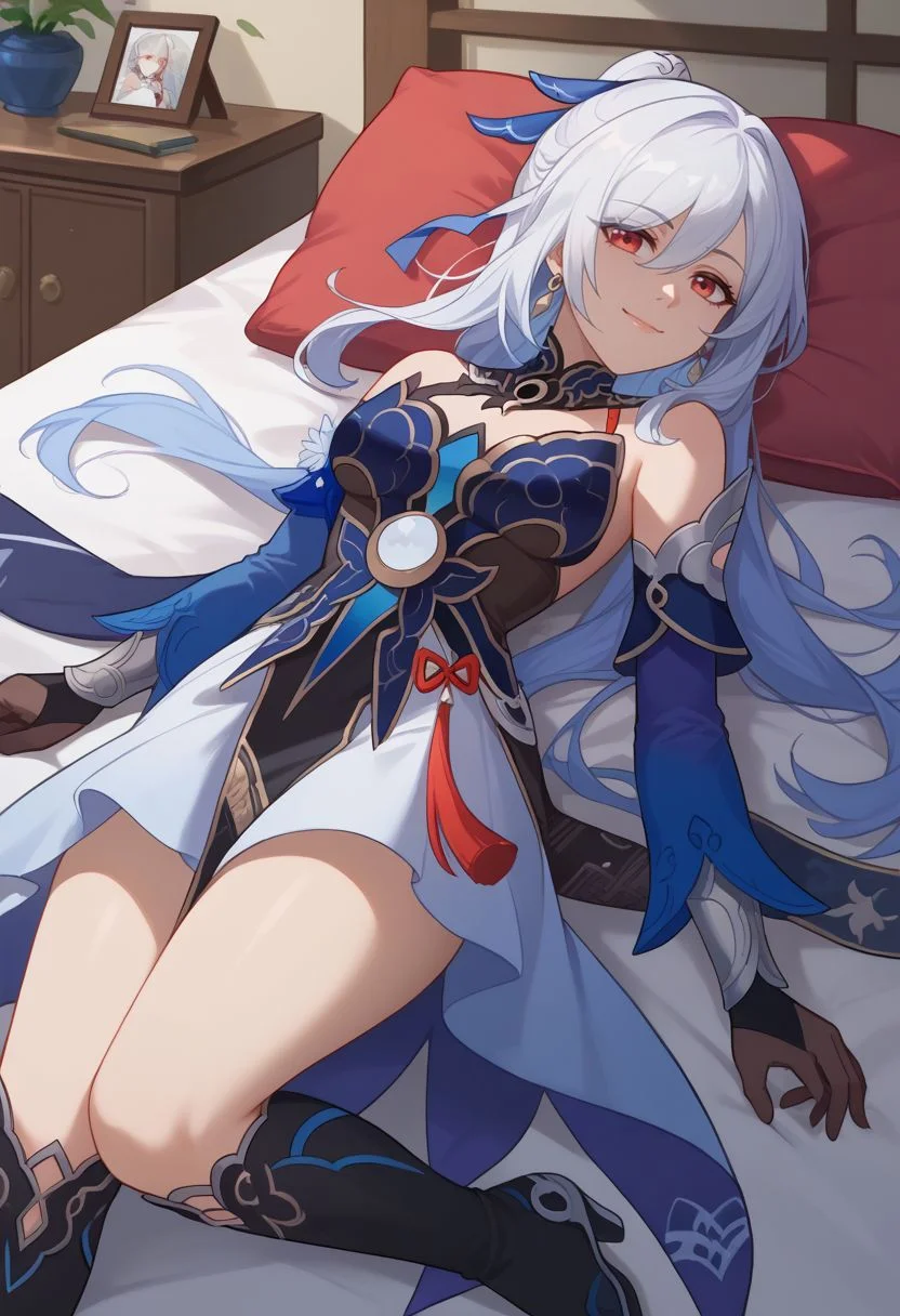 score_9, score_8_up, score_7_up, source_anime, 1girl, jingliudef, red eyes, white hair, long hair, high ponytail, earrings, jewelry, medium breasts, bare shoulders, detached sleeves, blue sleeves, blue dress, cleavage, black gloves, white skirt, black footwear, boots, lying, on back, on bed, closed mouth, smile, looking at viewer, indoors, bedroom, pillow, on side, close-up, facing viewer, <lora:Jingliu_v1-000010:1>