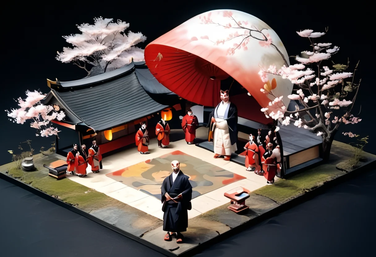 score_9,score_8_up,score_7_up,masterpiece,best quality,source_real,realstic,photorealstic,
KitsuneNoYomeiri_Bridal,,cherry blossom tree,sash,architecture,japanese traditional architecture,,standing,<lora:BDpony_KitsuneNoYomeiri_V1-5928:1>,:,<lora:IsoPixel-PDXL:1>,ispzxll,simple background,isometric,miniature,diorama,no people,black background,from above,<lora:add-detail-xl:1>,mysterious atmosphere,mist,
