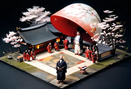 score_9,score_8_up,score_7_up,masterpiece,best quality,source_real,realstic,photorealstic,
KitsuneNoYomeiri_Bridal,,cherry blossom tree,sash,architecture,japanese traditional architecture,,standing,<lora:BDpony_KitsuneNoYomeiri_V1-5928:1>,:,<lora:IsoPixel-PDXL:1>,ispzxll,simple background,isometric,miniature,diorama,no people,black background,from above,<lora:add-detail-xl:1>,mysterious atmosphere,mist,