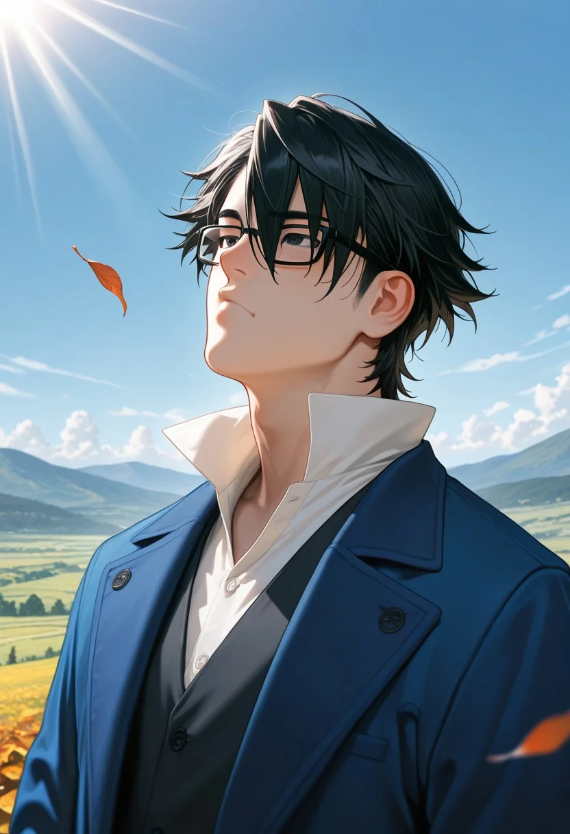 masterpiece, best quality, amazing quality, absurdres, newest, detailed background, definition so sharp, Ultra-HD, 8K cinematic, very awa, impressionate, amazing quality, highres, d10w21ll,
solo, male focus, manly, mature male, bara, day, blue sky, outdoor, sunbeam, windy, flying leaf,
1boy, short hair, glasses, saruhikofushimi, saruhiko_black hair, saruhiko_black eyes, blue coat, collared shirt, o3o, depth on field, upper body, focus on scene, landscape, wide angle perspective