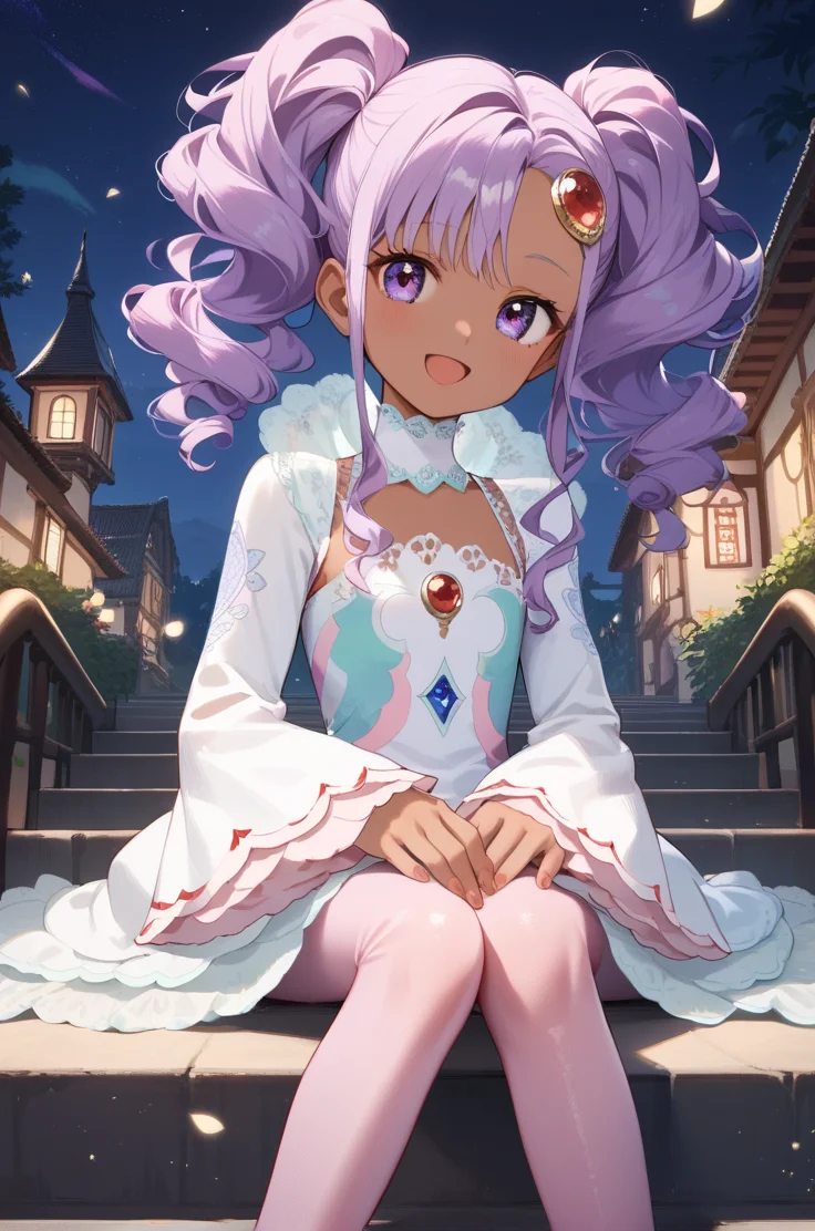 score_9, score_8_up, score_7_up, very aesthetic, source_anime, detailed,
1girl, flat chest, petite female,
cowboy shot, night, village
sitting on stairs, looking at viewer, open smile,
<lora:meredyC_autismConfetti_v05:1>meredyceles, purple hair, twintails, purple eyes, dark skin, wavy hair, sidelocks, long hair, hair jewel,
white dress, long sleeves, pink pantyhose, (wide sleeves:0.5), layered dress,, zPDXL