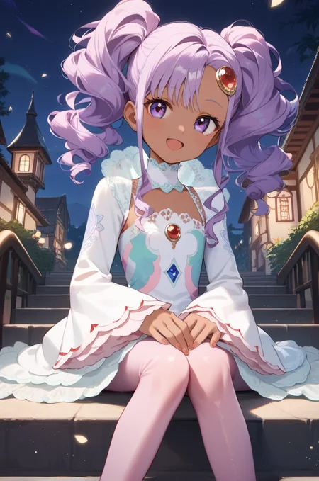 score_9, score_8_up, score_7_up, very aesthetic, source_anime, detailed,
1girl, flat chest, petite female,
cowboy shot, night, village
sitting on stairs, looking at viewer, open smile,
<lora:meredyC_autismConfetti_v05:1>meredyceles, purple hair, twintails, purple eyes, dark skin, wavy hair, sidelocks, long hair, hair jewel,
white dress, long sleeves, pink pantyhose, (wide sleeves:0.5), layered dress,, zPDXL