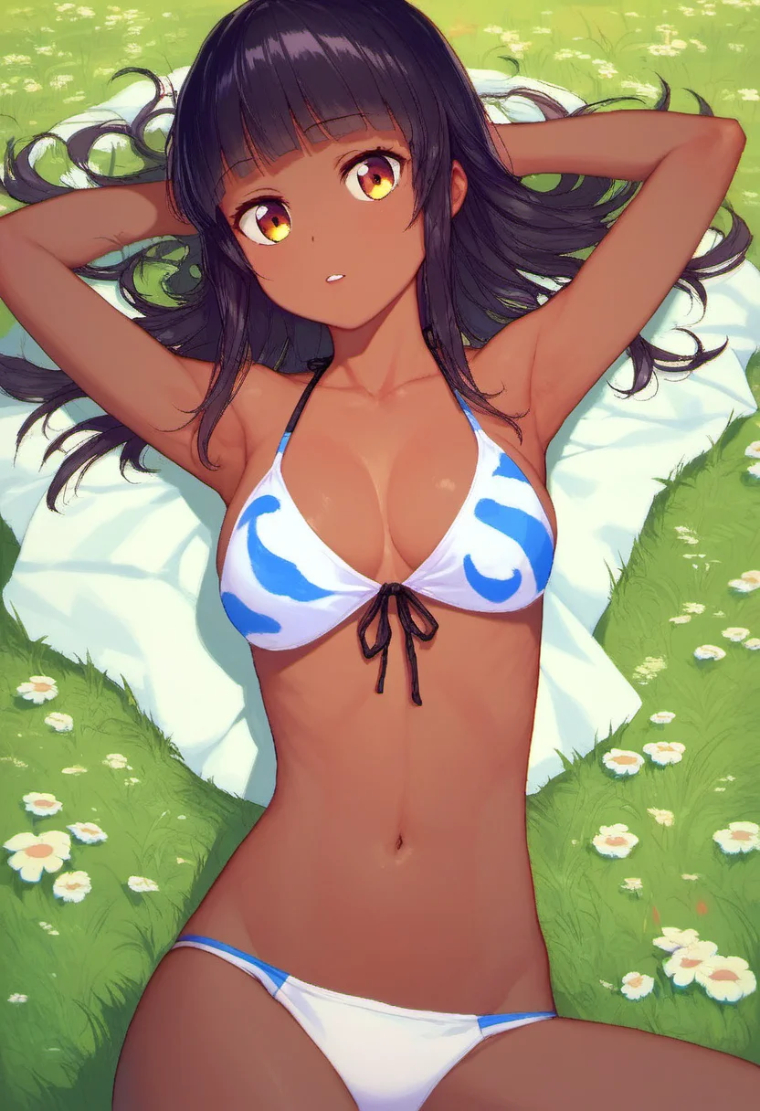 <lora:Tsuneyo_from_LiL_PonyXL:0.8>, tsuneyo_bikini, 1girl, solo, outdoors, navel, looking at viewer, grass, bangs, day, blunt bangs, medium breasts, cleavage, white bikini, long hair, parted lips, front-tie top, print bikini, hands behind head, BREAK , zPDXL, score_9, score_8_up, score_7_up, score_6_up, score_5_up, score_4_up