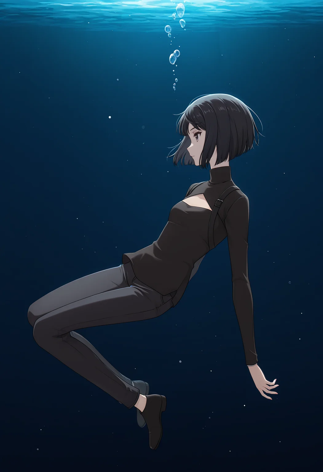 <lora:Echika Hieda_illustrious-000026:1>,
Echika Hieda,turtleneck,bob cut,black pants,sweater,chest opening,black shirt,jeans,
1girl,solo,pants,arms at sides,long sleeves,shirt,expressionless,air bubble,underwater,profile,closed mouth,suspended,float