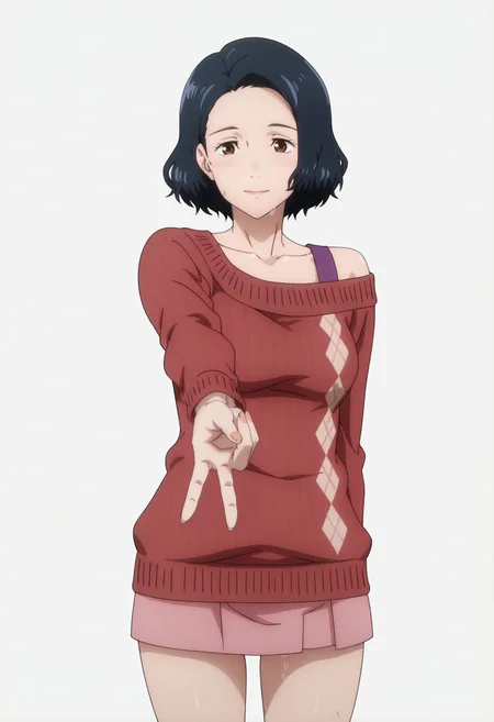 masterpiece, best quality, amazing quality, anime coloring, anime screencap, 1girl, solo,  <lora:DX888Nagi:1>, yoshino nagi,black hair, bob cut, mature female, brown eyes,  , BREAK ,  long skir, lowleg skirt, suspender skirt, pink skirt, knit sweater, argyle sweater, off-shoulder sweater, wet sweater, light smile, (simple background:1.2),  white  background pastel background, cowboy shot, gyaru v,