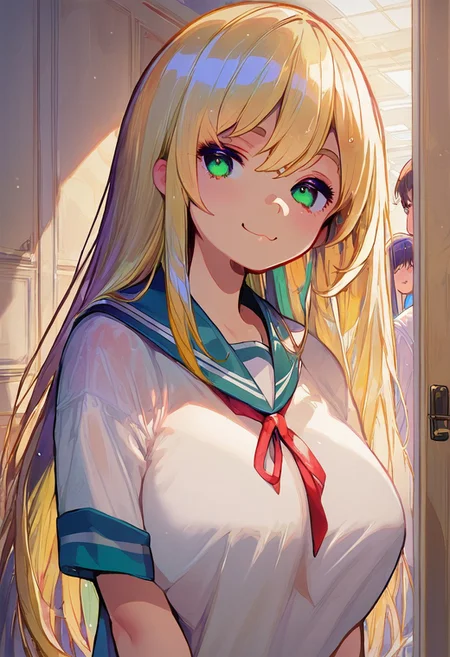 ((masterpiece,best quality)), absurdres, BREAK, score_9, score_8_up, score_7_up, score_6_up, 8k, hires,1girl, beautiful girl, kawaii girl, cute face, pose, high contrast, dramatic shadows, highly detailed, detailed skin, depth of field, shadows, messy bangs, hair bangs, long hair, blonde hair, huge ass, young, wet, smiling, light green eyes, smug, large breasts, huge breasts, sailor uniform, green eyes, red ribbon, school uniform, hallway, school, arms crossed, pouting,,<lora:add-detail-xl:3>