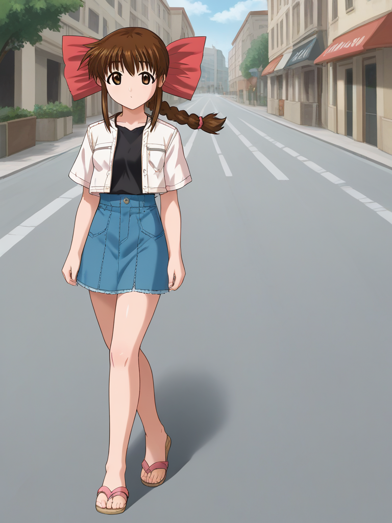 1girl, solo, tamaovgrebirth, brown hair, braided ponytail, pink bow, hair bow, brown eyes, white jacket, cropped jacket, short sleeves, black shirt, denim skirt, sandals, outdoors, street, walking, full body,