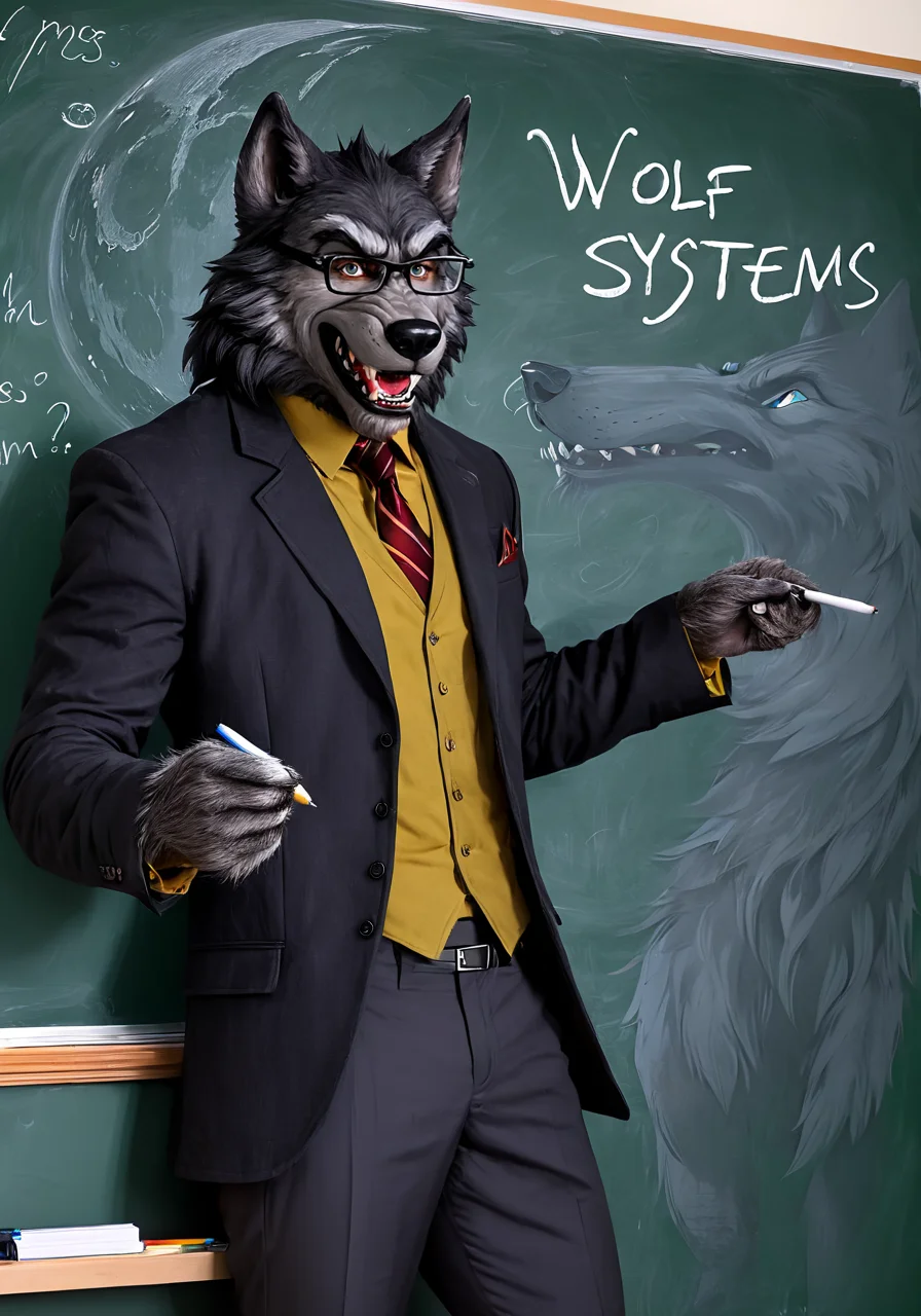 a werewolf writing on blackboard, (text :"Wolf Systems": 1.1), best quality, masterpiece, subteachsdxl, <lora:subteachsdxl:1>, suit, glasses