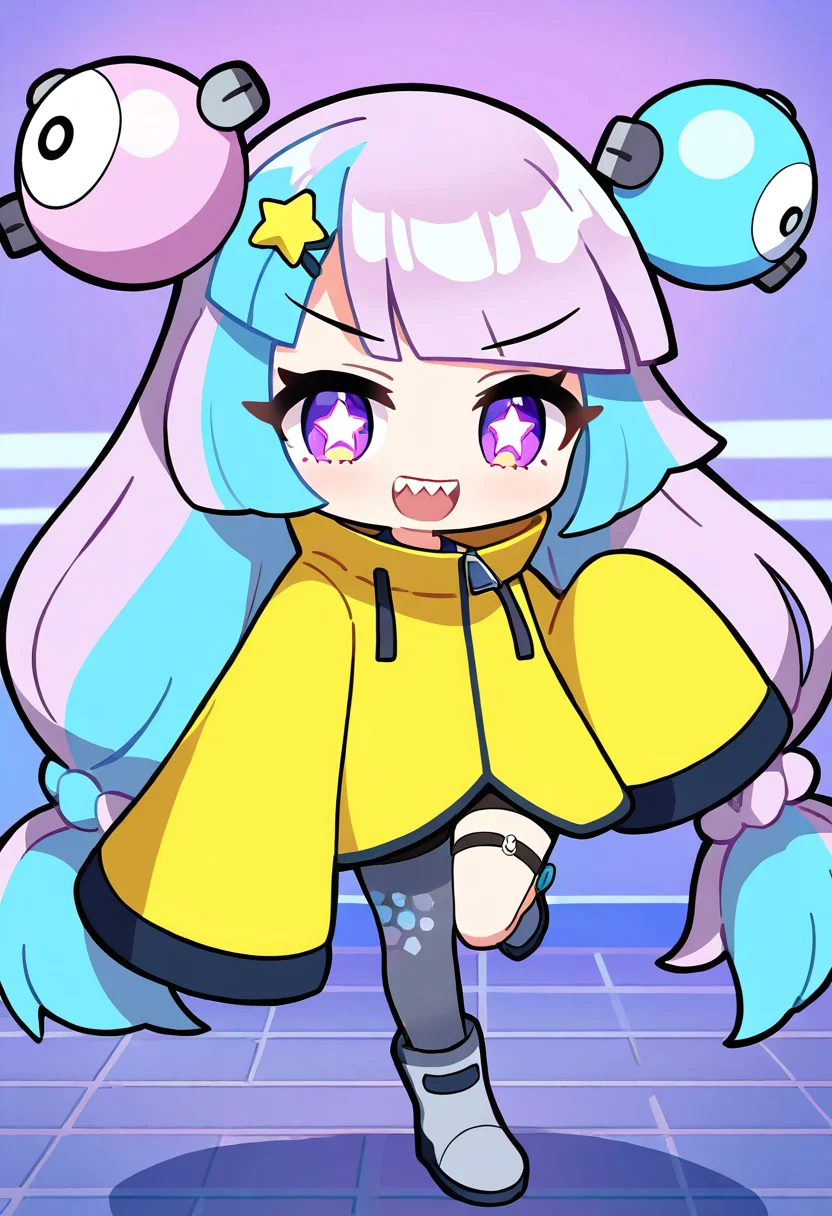 masterpiece, best quality, newest, absurdres, highres,chibi,1girl, long hair, multicolored hair, open mouth, twintails, bow-shaped hair, two-tone hair, :d, very long hair, purple eyes, blue hair, low-tied long hair, star-shaped pupils, symbol-shaped pupils, v-shaped eyebrows, jacket, sleeves past wrists, sleeves past fingers, hair ornament, thigh strap, pantyhose, boots, star (symbol), star print, bike shorts, sleeveless, leg up, standing, standing on one leg, looking at viewer, solo, pokemon, full body, white background, iono (pokemon), teeth, yellow jacket, sharp teeth, character hair ornament, grey footwear, single leg pantyhose, grey pantyhose, smile, very long sleeves, upper teeth only, oversized clothes, tiles, tile floor, single thighhigh,<lora:maplestory-000011prodigy:1>