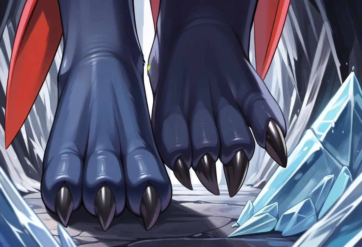 Weavile, pokemon (creature), barefoot, dark feet, 3 toes, standing, foot focus, close-up, ice cave