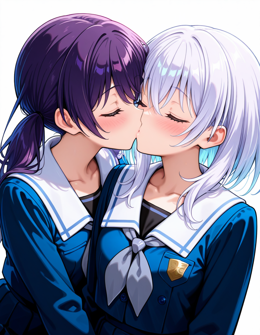 <lora:Morfonica_noobXL:1>, futaba tsukushi, kurata mashiro, white hair, purple hair, closed eyes, 2girls, tsukinomori school uniform, school uniform, pleated skirt, long sleeves, white sailor collar, serafuku, collarbone, blush, grey neckerchief, white background, kiss, upper body,, very awa, masterpiece, best quality, highres, absurdres, newest,
