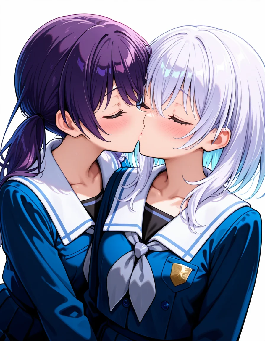 <lora:Morfonica_noobXL:1>, futaba tsukushi, kurata mashiro, white hair, purple hair, closed eyes, 2girls, tsukinomori school uniform, school uniform, pleated skirt, long sleeves, white sailor collar, serafuku, collarbone, blush, grey neckerchief, white background, kiss, upper body,, very awa, masterpiece, best quality, highres, absurdres, newest,