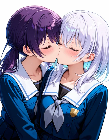 <lora:Morfonica_noobXL:1>, futaba tsukushi, kurata mashiro, white hair, purple hair, closed eyes, 2girls, tsukinomori school uniform, school uniform, pleated skirt, long sleeves, white sailor collar, serafuku, collarbone, blush, grey neckerchief, white background, kiss, upper body,, very awa, masterpiece, best quality, highres, absurdres, newest,