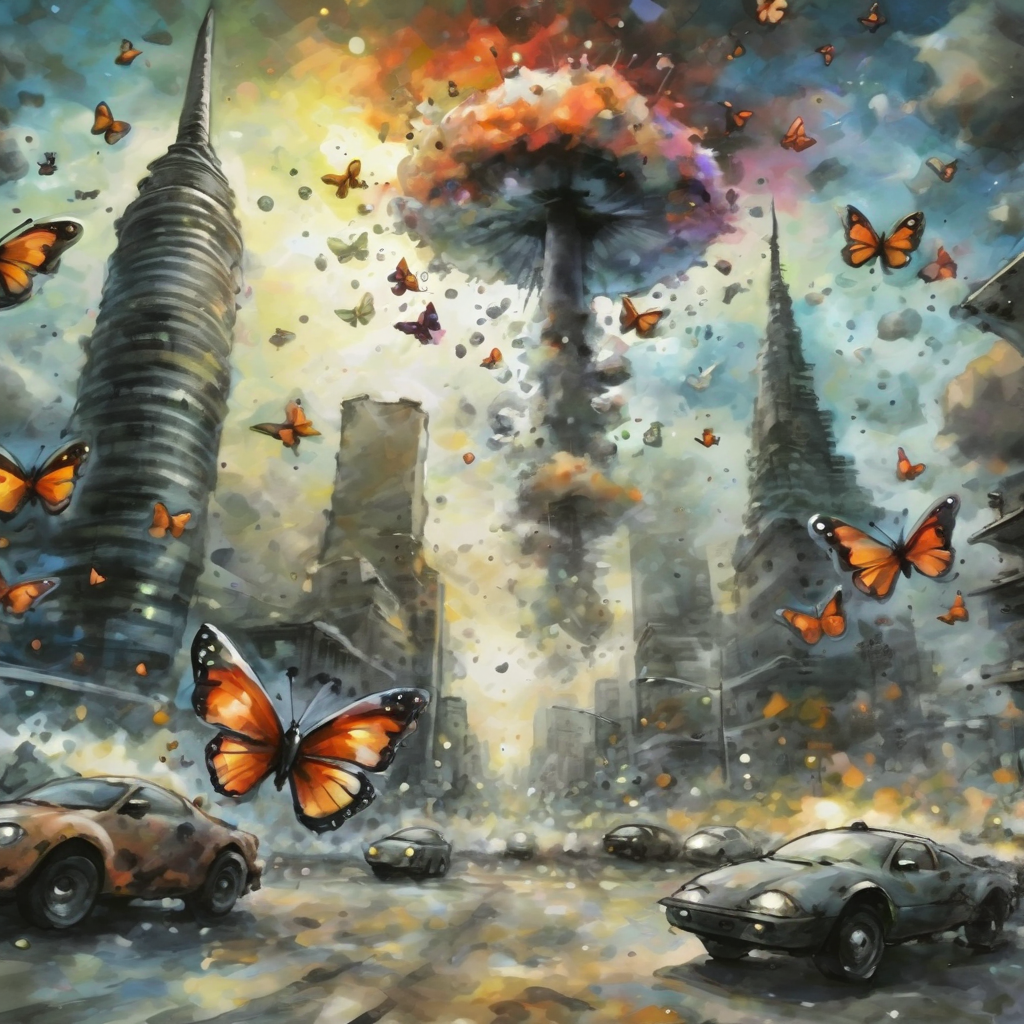 artmix04 flying colorful butterflies in the background of futuristic city explosion and nuclear mushroom, dark, very detailed<lora:artmix04:1>